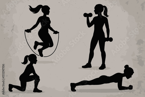 Female fitness silhouettes exercising, jumping rope, lifting dumbbells, lunges, planking, workout poses, active women, gym training, healthy lifestyle, textured cement background, vector illustration
