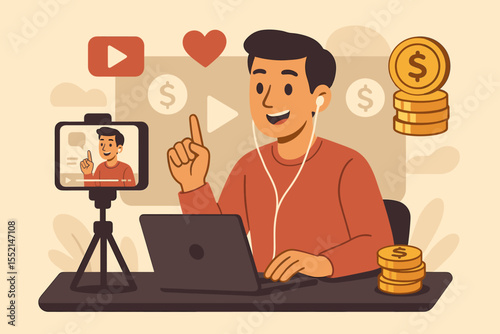 Social media content creator recording video for online income, influencer marketing, passive earnings, vlogger making money, digital entrepreneurship, vector illustration, coins, laptop