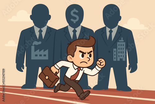 Ambitious Small Businessman Racing Against Big Corporations. Corporate Competition Concept. Vector Cartoon. Entrepreneur Competes with Industry and Finance Giants. Determination Success Motivation