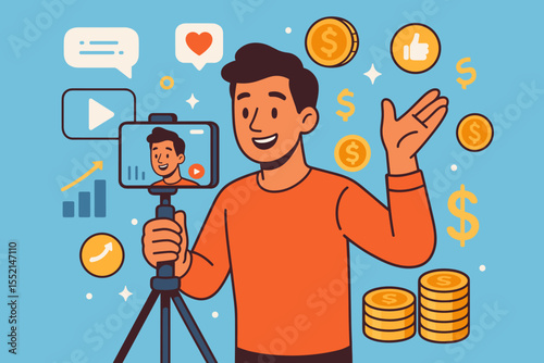 Influencer video content creator making social media videos for passive income, online marketing, monetization, digital entrepreneurship, earning money, cartoon vector illustration