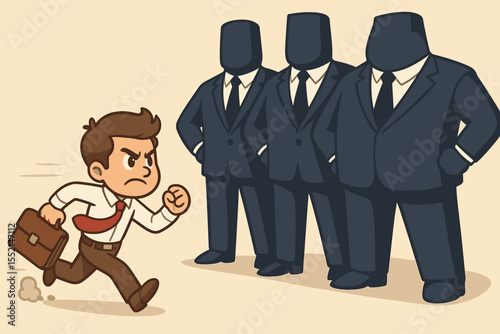 Determined Small Businessman Competing Against Giant Corporations. Ambitious Entrepreneur Facing Corporate Challenge. Business Competition, Overcoming Obstacles, Success Concept Illustration