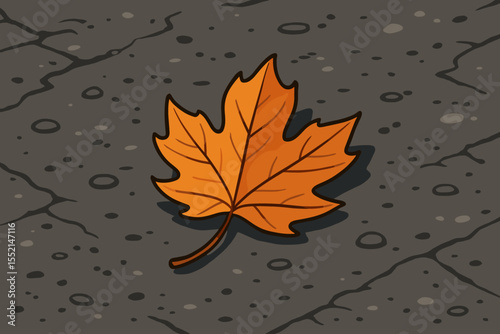 Vibrant autumn maple leaf on textured asphalt road surface, symbolizing seasonal change, solitude, passage of time, nature in urban environment. Vector cartoon fall illustration, no text elements