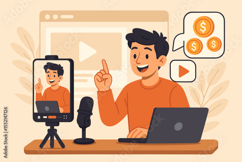 Social media influencer recording video content for passive income, online earning, digital marketing, vlogging, monetization, laptop, microphone, coins, cartoon vector illustration