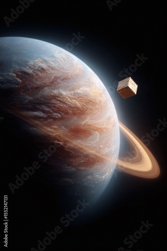 Mysterious planet with rings and cube floating in deep space. Conceptual art for science, future, technology, or exploration. Evokes wonder and cosmic themes.