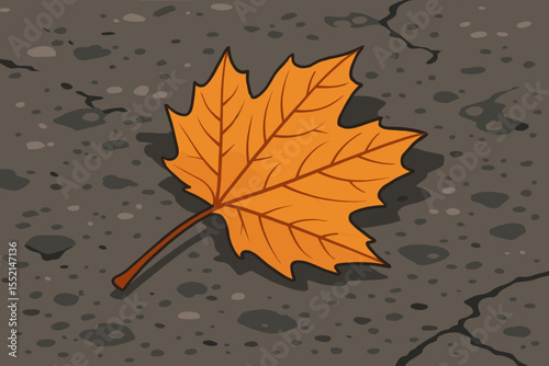 Vibrant autumn maple leaf on rough asphalt street, fallen foliage symbolizing seasonal change and passage of time, detailed vector cartoon illustration, urban fall nature background