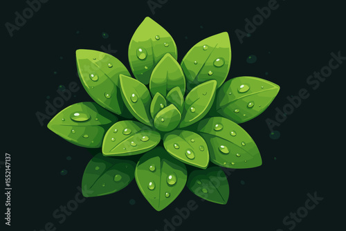 Lush succulent plant with vibrant green leaves and fresh water droplets, top view botanical illustration on dark background, nature concept, vector cartoon, eco design, no text, realistic foliage
