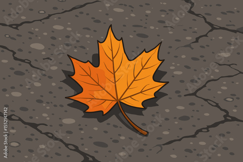 Vibrant orange autumn maple leaf on cracked asphalt street, symbolizing change, solitude, seasons, passing time. Realistic cartoon vector illustration, detailed texture, fall concept, urban background