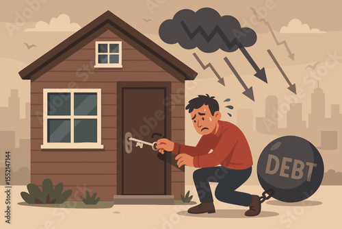 Homeowner burdened by mortgage debt trying to unlock house during economic recession, financial crisis concept, foreclosure risk, cartoon man chained by ball labeled debt, stress and housing hardship