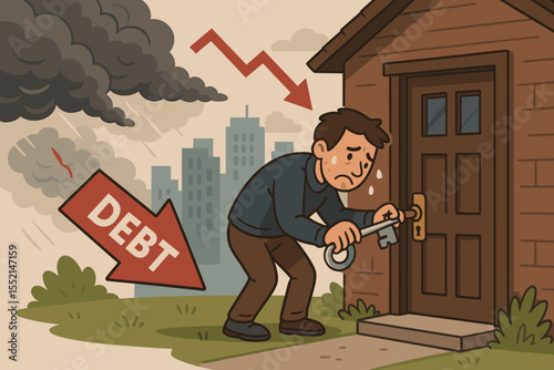 Homeowner Facing Foreclosure Stress, Struggling with Mortgage Debt During Economic Crisis, Housing Financial Hardship, Eviction Risk, Downturn, Vector Cartoon Illustration, Urban Bankruptcy Concept