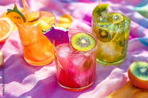 Colorful summer tropical fruit drinks with kiwi dragon fruit garnish
