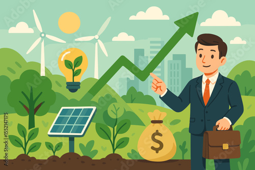 Sustainable economic growth and green business investment concept. Renewable energy, solar panel, wind turbines, eco innovation, profit increase, environmental stewardship, vector illustration