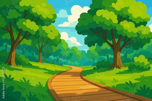 Vibrant cartoon summer park landscape with sunlit wooden boardwalk winding through lush green trees, bright foliage, blue sky, scenic nature path, outdoor adventure, vector illustration