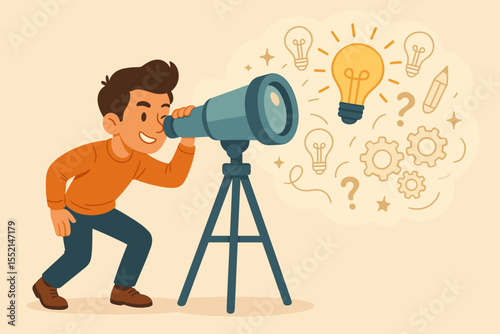 Motivated Innovator Searching for Inspiration Through Telescope, Creative Idea Discovery, Light Bulb, Gears, Question Marks, Vector Cartoon, Imagination and Innovation Concept Illustration
