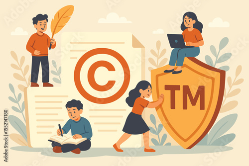 Cartoon Authors Protecting Intellectual Property Rights, Copyright, Trademark Law, Legal Documentation, Creative Writing and Publishing Concept, Kids with Pen Books Shield, Vector Illustration