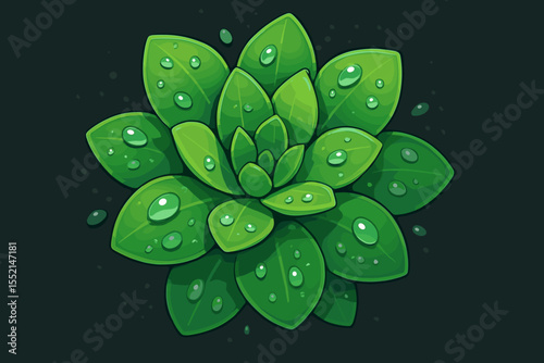 Lush green succulent plant with vibrant cartoon leaves, clear water droplets, fresh nature concept on dark background, tropical garden foliage, vector illustration for eco design, no text