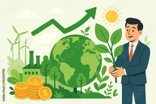 Sustainable economic growth concept. Businessman holding plant. Green energy, eco-friendly industry, renewable resources, global environment, financial investment, profit, earth, money, factory