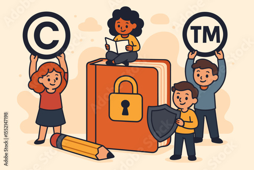 Children Protecting Intellectual Property Rights, Copyright, Trademark, Legal Book Security, Education Concept, Kids Holding Symbols, Shield, Pencil, Cartoon Vector Illustration