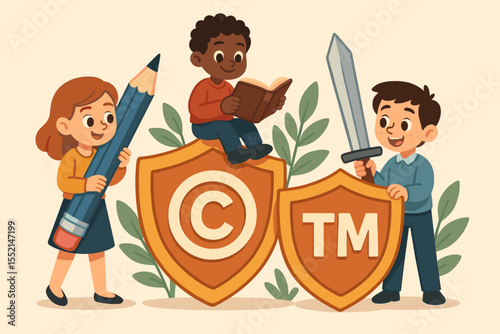 Children Defending Intellectual Property Rights Concept. Kids with Pencil, Book, Sword, Copyright and Trademark Shields. Legal Protection, Education, Creativity, Law, Vector Cartoon Illustration