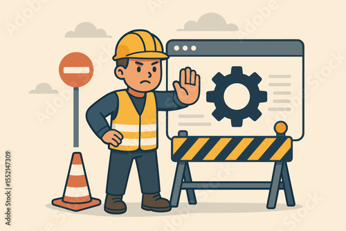Website Under Construction Maintenance Concept. Cartoon Construction Worker Blocking Access with Safety Vest, Hard Hat, Traffic Cone, Barrier, Gear Icon. Restricted Area Webpage Vector Illustration
