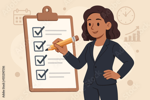 Businesswoman marking completed tasks on checklist. Productivity, time management, project planning, organization, goal achievement, leadership, efficiency, office success. Vector illustration