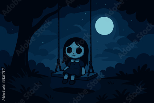 Spooky cartoon girl on swing at night under full moon. Dark forest landscape. Creepy child character. Halloween scary mood. Haunted park scene. Mysterious eerie atmosphere. Vector illustration.