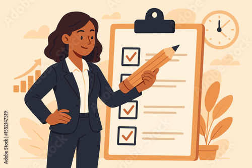 Confident businesswoman checking off completed tasks on clipboard checklist, holding giant pencil, productivity, time management, career success, office growth, vector illustration