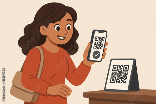 Woman making contactless payment with smartphone by scanning QR code at checkout counter. Mobile digital wallet transaction, cashless purchase, modern retail vector illustration, technology concept
