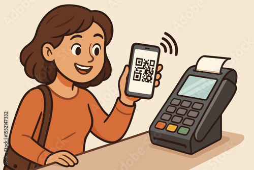 Smiling woman making contactless payment with smartphone QR code at checkout. Mobile wallet, digital transaction, cashless purchase, NFC technology, retail shopping, cartoon vector illustration