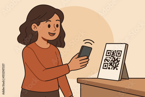 Smiling woman using smartphone for contactless payment by scanning QR code at counter. Digital wallet, mobile transaction, cashless checkout, modern technology, vector cartoon illustration