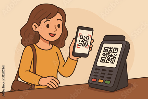 Smiling woman making contactless payment with smartphone QR code scan at point of sale terminal. Digital wallet, mobile banking, cashless transaction, secure checkout. Cartoon vector illustration.