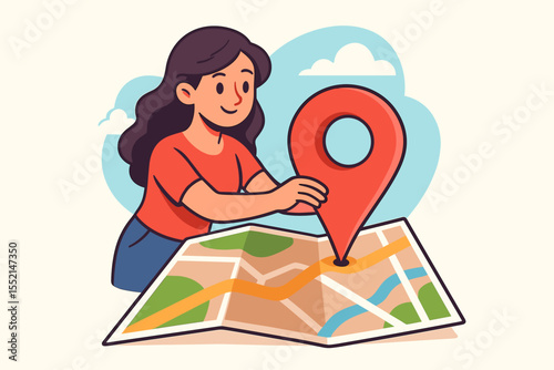 Woman Marking Map with GPS Location Pin, Navigation Route, Direction Services, Travel Planning, Modern Cartography, Wayfinding, Vector Cartoon Illustration, Adventure, Exploration Concept