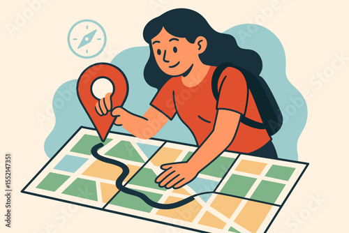 Female traveler with backpack marking GPS location pin on city map, navigation route planning, travel direction, journey destination, wayfinding, tourism adventure, vector cartoon illustration