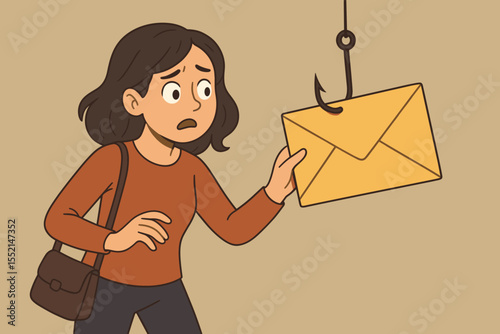 Phishing email scam concept. Woman reaching for envelope on fishing hook. Internet fraud, cyber security risk, online scam warning, identity theft, email threat. Vector cartoon illustration