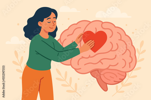Woman Embracing Heart Symbol on Human Brain Illustration. Mental Health Awareness, Self Care, Psychology, Emotional Intelligence, Mindfulness, Therapy, Love Yourself, World Mental Health Day Concept