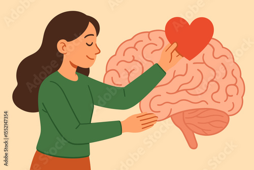 Woman holding red heart symbol near human brain. Emotional intelligence, self care, mental health awareness, psychology, empathy, wellness concept. Vector illustration for World Mental Health Day