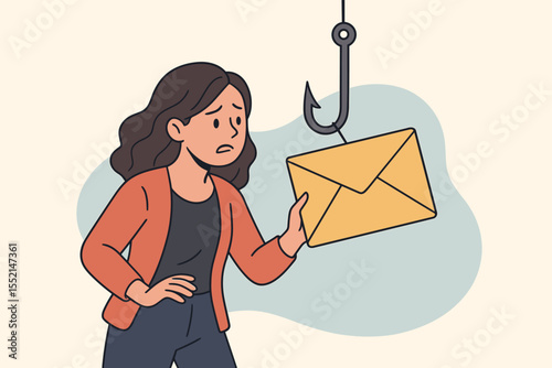 Phishing email scam concept. Woman reaching for envelope on fishing hook. Internet fraud, email security threat, cybercrime, online scam, identity theft, data breach, vector cartoon illustration
