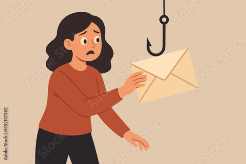 Phishing email scam concept with woman reaching for envelope on fishing hook. Internet fraud, online scam, cybercrime, identity theft, social engineering, cybersecurity awareness vector illustration