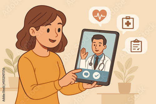 Telemedicine online consultation. Woman using digital tablet for virtual doctor appointment, remote healthcare, medical advice, health checkup. Modern telehealth technology vector illustration