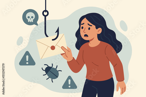 Phishing email scam concept. Woman receiving suspicious envelope on hook. Cybersecurity threat, internet fraud, malware, virus, hacking alert. Social engineering attack vector illustration