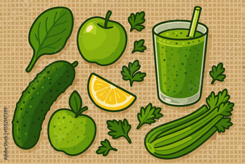 Green detox smoothie ingredients vector illustration set. Fresh organic raw food for a healthy lifestyle, diet, and weight loss. Includes apple, spinach, cucumber, celery, and lemon.