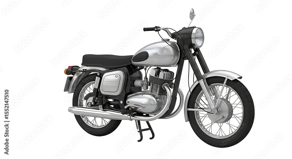 Fototapeta premium A vintage motorcycle with a silver gas tank and black seat is displayed on a white background.