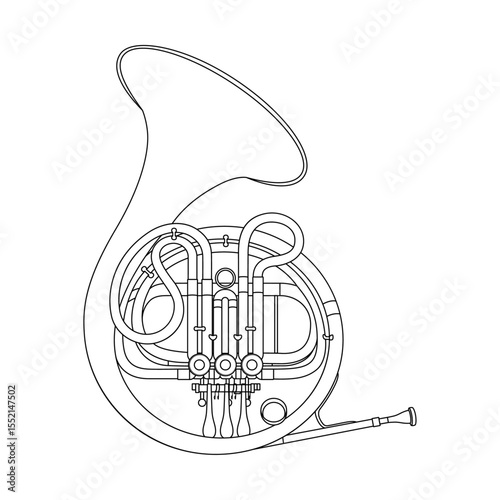 Line art of a French horn with detailed tubing and valves. Perfect for educational purposes, music-themed projects, and instrument illustrations.