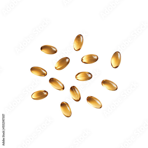 A scattering of oval golden vitamin capsules reflecting light isolated on transparent background
