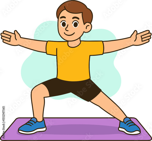 Boy doing yoga exercise on mat. Flat vector illustration for healthy lifestyle, fitness, stretching and children activity themes