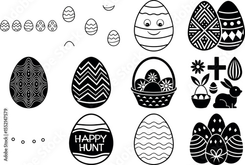 Collection of black and white easter eggs with various decorative patterns and a happy face