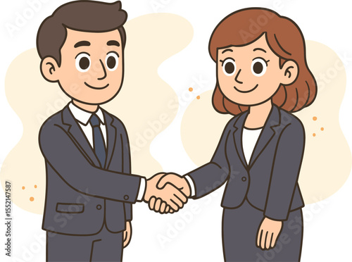 Businessman and businesswoman shaking hands. Flat vector illustration for partnership, agreement, deal and corporate communication themes