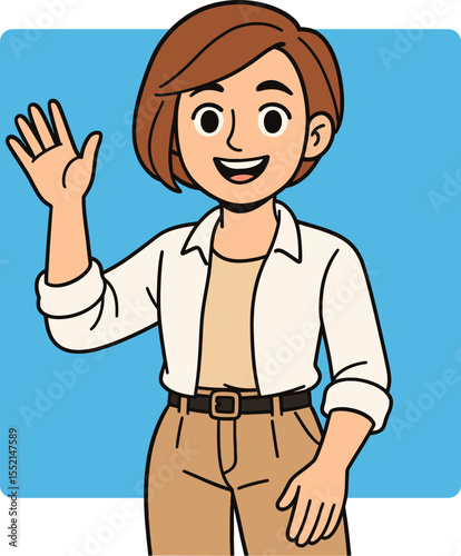 Smiling woman waving hand. Flat vector illustration for greeting, communication, introduction and lifestyle themes