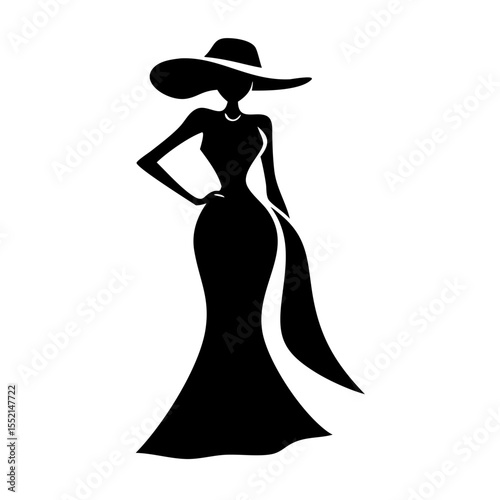 Wallpaper Mural Elegant Silhouette: A stylish silhouette of a woman donning an elegant, wide-brimmed hat and flowing dress. A captivating image showcasing fashion and style. Torontodigital.ca