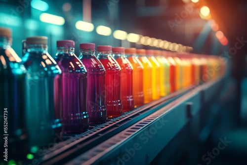 Colorful beverage bottles on factory conveyor belt