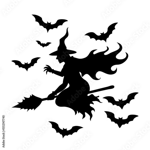 Halloween Silhouette: A witch, silhouetted against a vibrant background, glides through the night on a broom, surrounded by bats, capturing the essence of the spooky season.